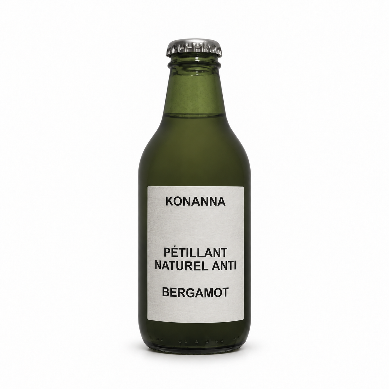 KONANNA Pétillant Naturel Anti Bergamot, einzelne 250-ml-Flasche in dunklem Olivgrün auf weißem Hintergrund